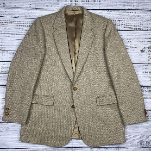 VTG Haggar Blazer Men's Size 44L Beige Tan Wool Herringbone Tweed Sport Coat L‎ - Picture 1 of 9